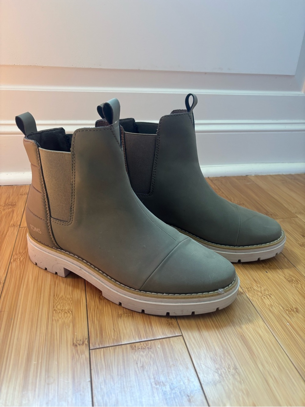 Toms Olive Green Chelsea Booties with Cream Sole